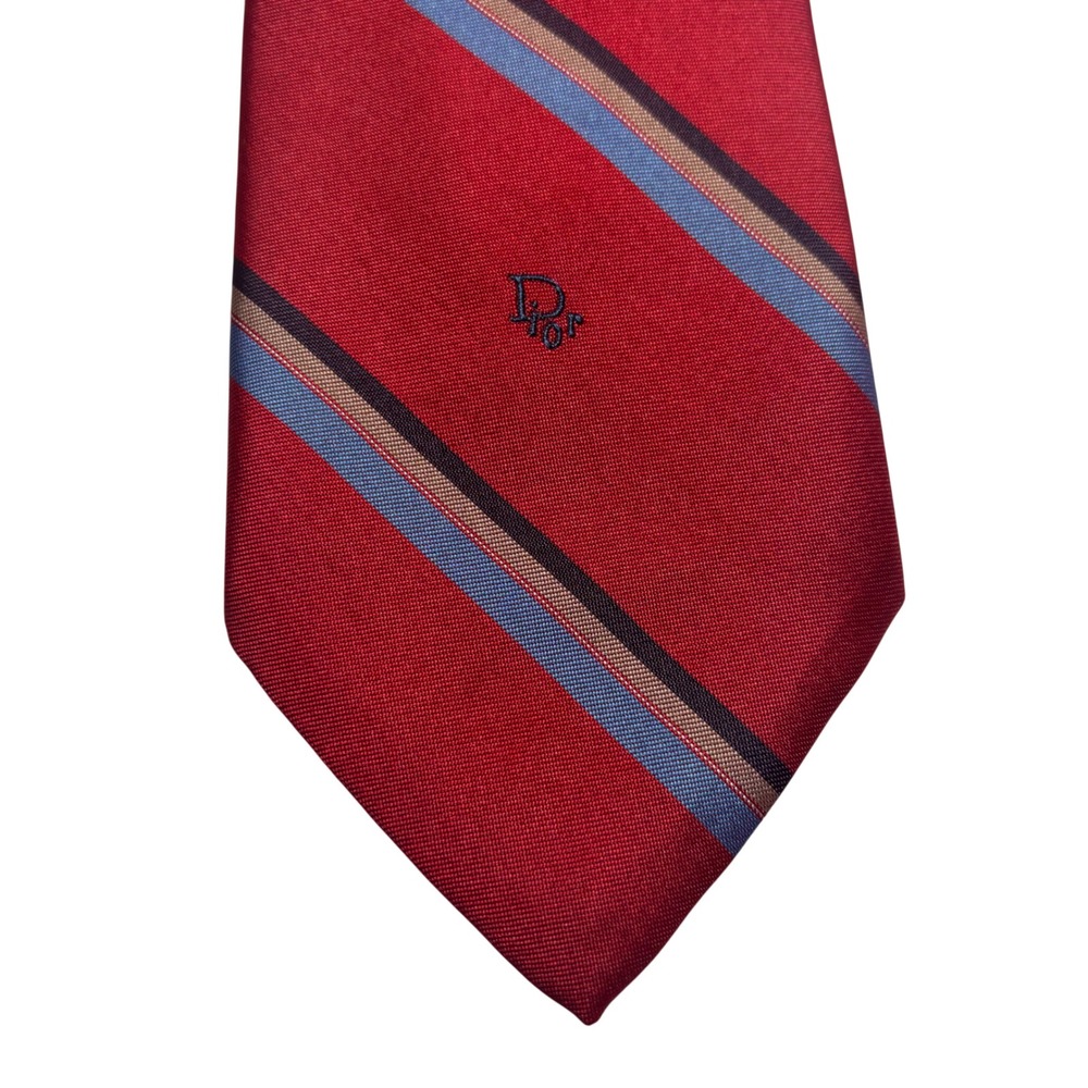 Christian Dior Red Striped Silk Blend Tie Vintage Made in USA Italian Fabric